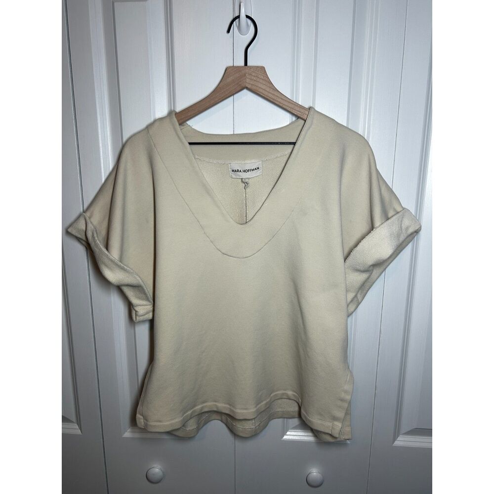 Mara Hoffman Cream Short Sleeve V-Neck Sweatshirt Size S